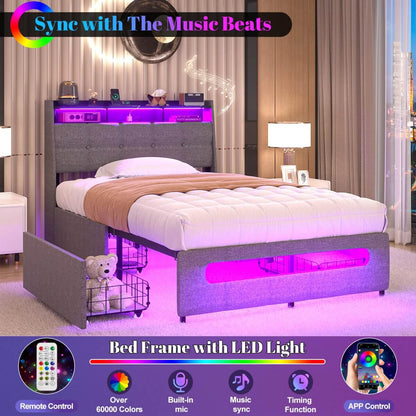Upholstered Twin Bed Frame with Storage Headboard, Drawers, Charging Station, and LED Light