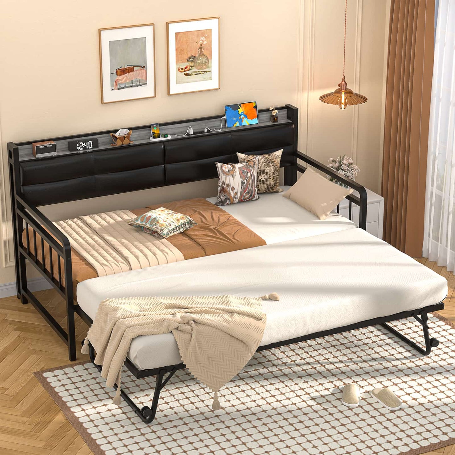 iSunirm Twin Size Daybed with Pop-up Trundle,  Upholstered Headboard & Charging Station, for Living Room/Bedroom/Guest Room