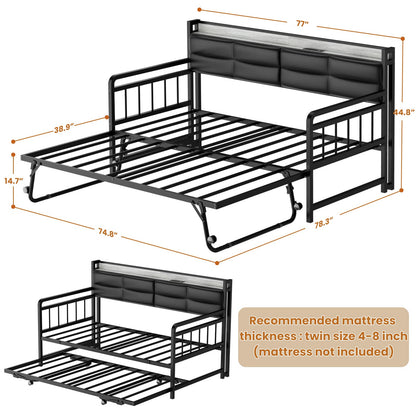 iSunirm Twin Size Daybed with Pop-up Trundle,  Upholstered Headboard & Charging Station, for Living Room/Bedroom/Guest Room