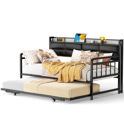 iSunirm Twin Size Daybed with Pop-up Trundle,  Upholstered Headboard & Charging Station, for Living Room/Bedroom/Guest Room