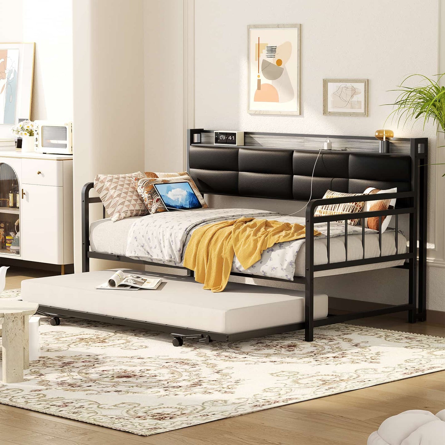 iSunirm Twin Size Daybed with Pop-up Trundle,  Upholstered Headboard & Charging Station, for Living Room/Bedroom/Guest Room
