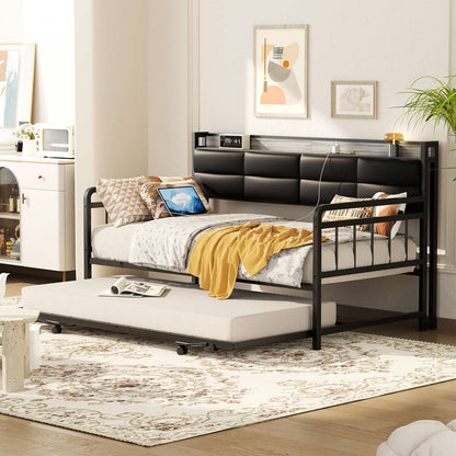 iSunirm Twin Size Daybed with Pop-up Trundle,  Upholstered Headboard & Charging Station, for Living Room/Bedroom/Guest Room