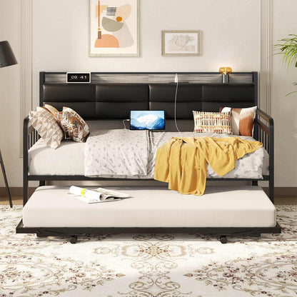 iSunirm Twin Size Daybed with Pop-up Trundle,  Upholstered Headboard & Charging Station, for Living Room/Bedroom/Guest Room