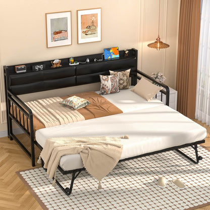 iSunirm Twin Size Daybed with Pop-up Trundle,  Upholstered Headboard & Charging Station, for Living Room/Bedroom/Guest Room