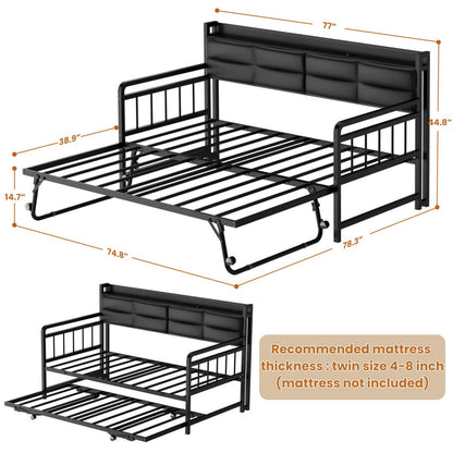 iSunirm Twin Size Daybed with Pop-up Trundle,  Upholstered Headboard & Charging Station, for Living Room/Bedroom/Guest Room