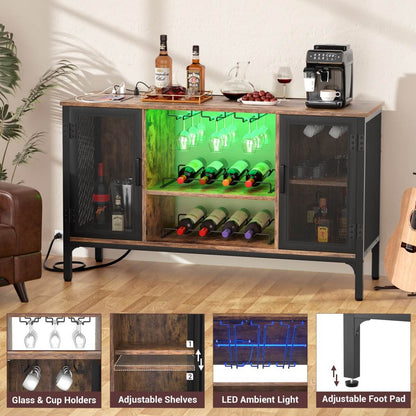 Wine Bar Cabinet with Power Outlets & LED Lights, Adjustable Wine Racks