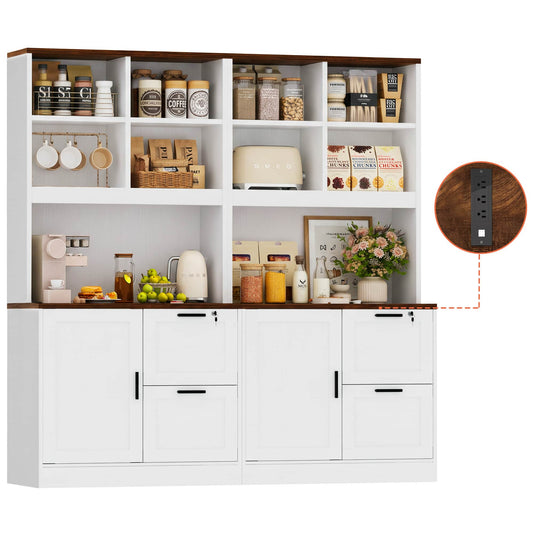 2 Pack Tall Pantry Storage Cabinet, Freestanding Kitchen Pantry Cabinet with Charging Station, Lockable Drawers & Adjustable Shelves, for Kitchen Dining Room Home Office