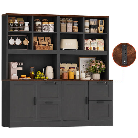 2 Pack Tall Pantry Storage Cabinet, Freestanding Kitchen Pantry Cabinet with Charging Station, Lockable Drawers & Adjustable Shelves, for Kitchen Dining Room Home Office