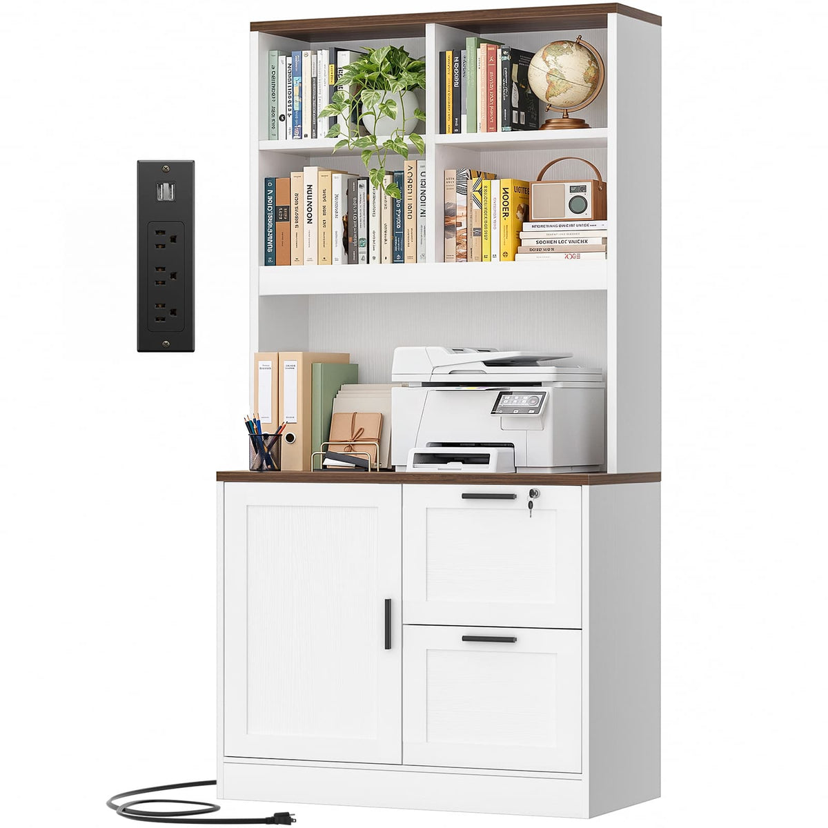 67.5" Tall Lockable File Cabinet with Charging Station, Adjustable Bookcase & Printer Stand - Vertical Storage Cabinet for Home Office, Living Room & Study