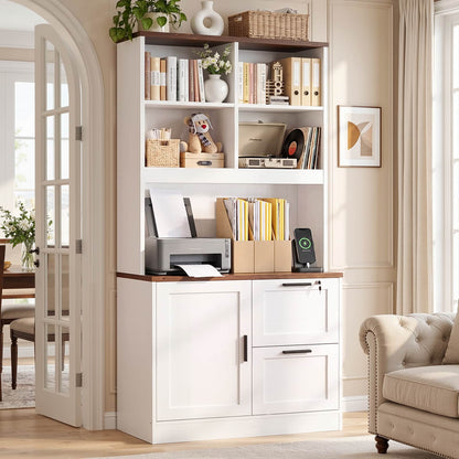 67.5" Tall Lockable File Cabinet with Charging Station, Adjustable Bookcase & Printer Stand - Vertical Storage Cabinet for Home Office, Living Room & Study