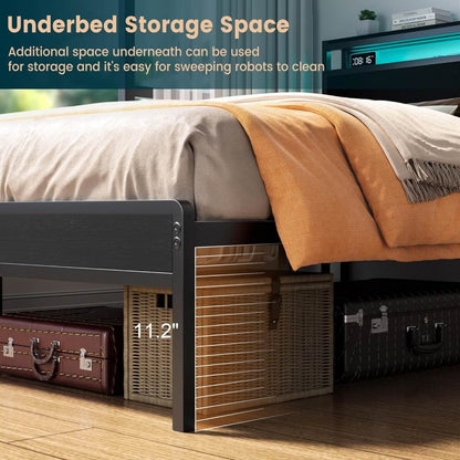 Full Size Heavy Duty Metal Bed Frame with Headboard, Outlets, and LED Lights