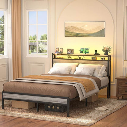 Full Size Heavy Duty Metal Bed Frame with Headboard, Outlets, and LED Lights