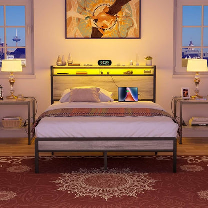 Full Size Heavy Duty Metal Bed Frame with Headboard, Outlets, and LED Lights