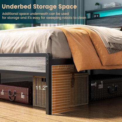 Full Size Heavy Duty Metal Bed Frame with Headboard, Outlets, and LED Lights