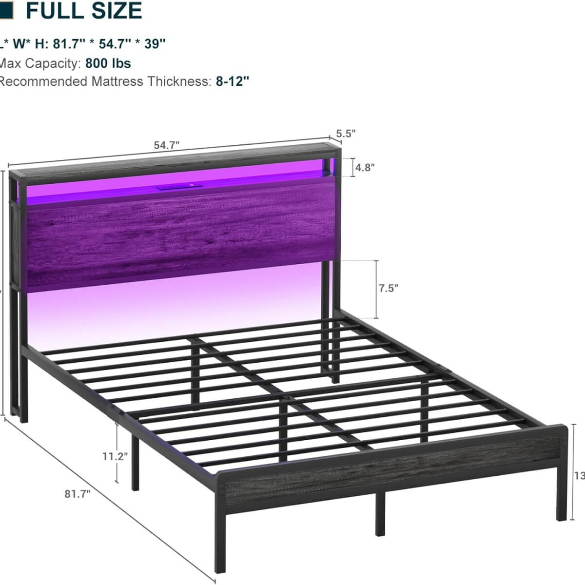 Full Size Heavy Duty Metal Bed Frame with Headboard, Outlets, and LED Lights