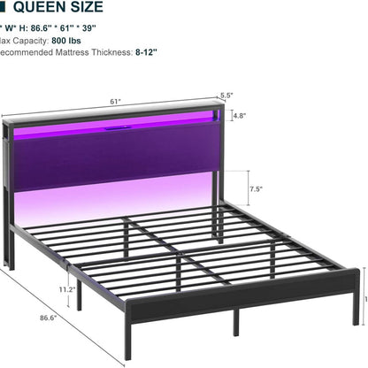 Queen Size Heavy Duty Metal Bed Frame with Headboard, Outlets, and LED Lights