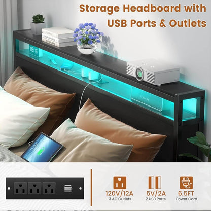 Queen Size Heavy Duty Metal Bed Frame with Headboard, Outlets, and LED Lights