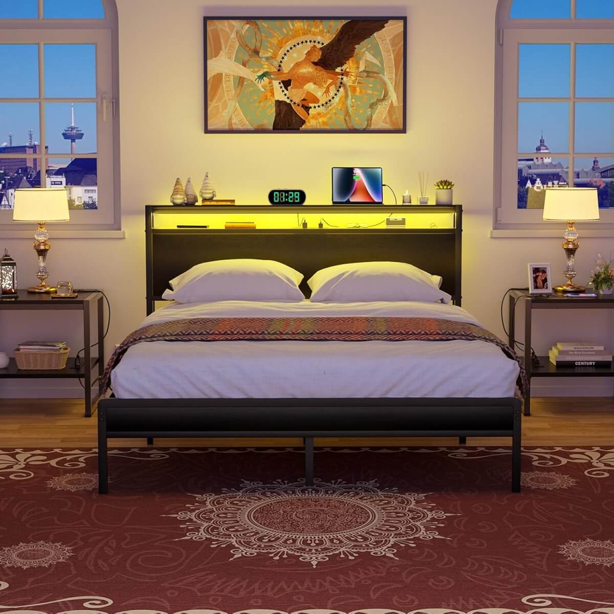 Queen Size Heavy Duty Metal Bed Frame with Headboard, Outlets, and LED Lights