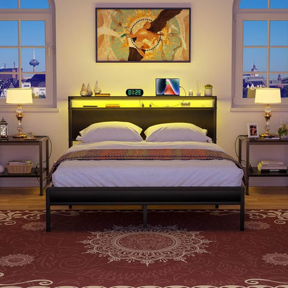 Queen Size Heavy Duty Metal Bed Frame with Headboard, Outlets, and LED Lights