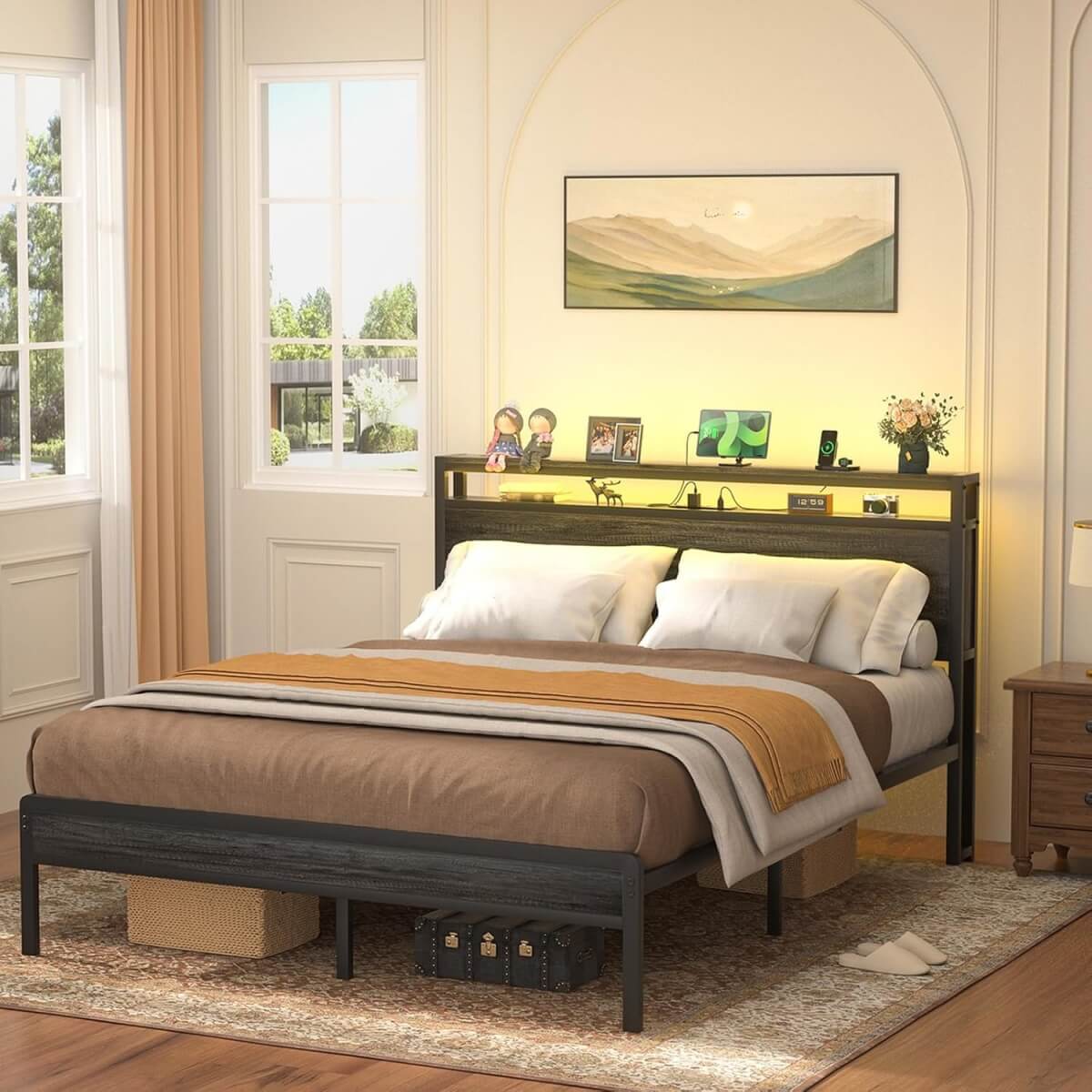 Queen Size Heavy Duty Metal Bed Frame with Headboard, Outlets, and LED Lights