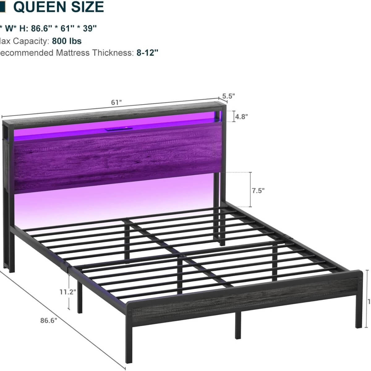 Queen Size Heavy Duty Metal Bed Frame with Headboard, Outlets, and LED Lights