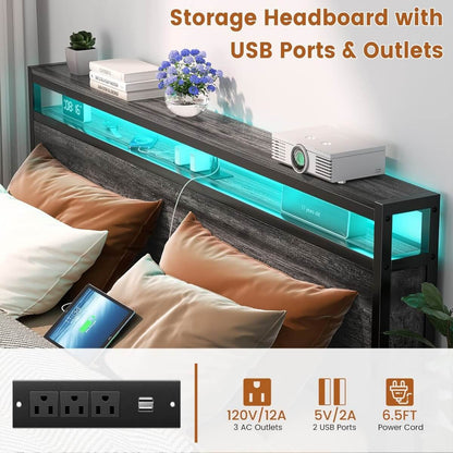 Queen Size Heavy Duty Metal Bed Frame with Headboard, Outlets, and LED Lights