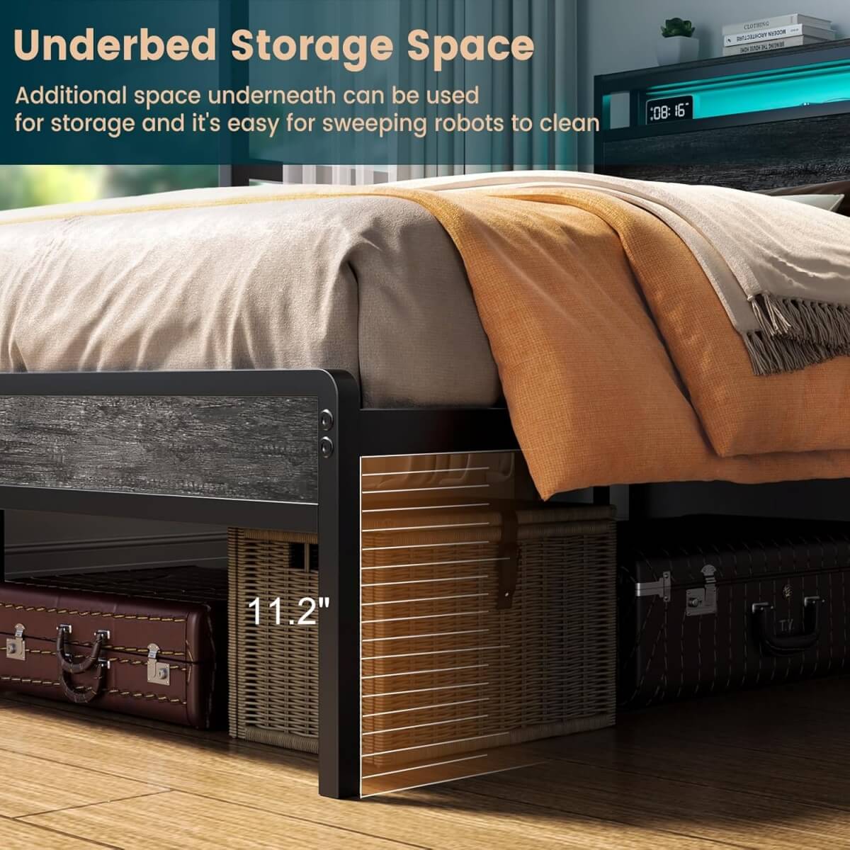Queen Size Heavy Duty Metal Bed Frame with Headboard, Outlets, and LED Lights