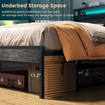 Queen Size Heavy Duty Metal Bed Frame with Headboard, Outlets, and LED Lights