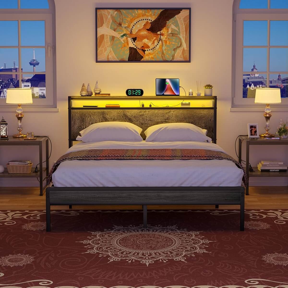 Queen Size Heavy Duty Metal Bed Frame with Headboard, Outlets, and LED Lights