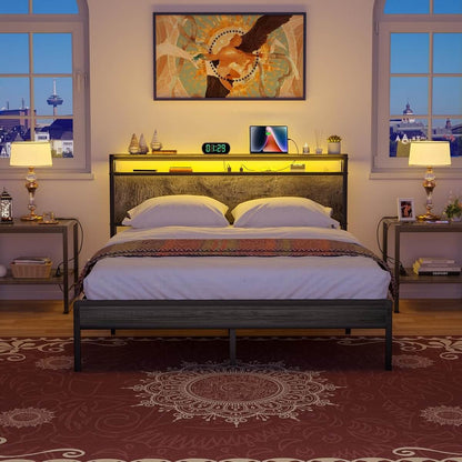 Queen Size Heavy Duty Metal Bed Frame with Headboard, Outlets, and LED Lights