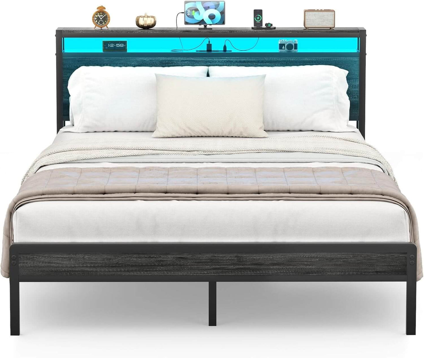 Queen Size Heavy Duty Metal Bed Frame with Headboard, Outlets, and LED Lights
