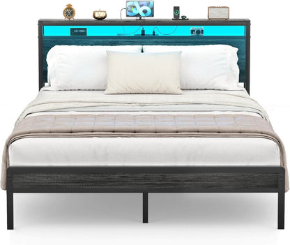 Queen Size Heavy Duty Metal Bed Frame with Headboard, Outlets, and LED Lights