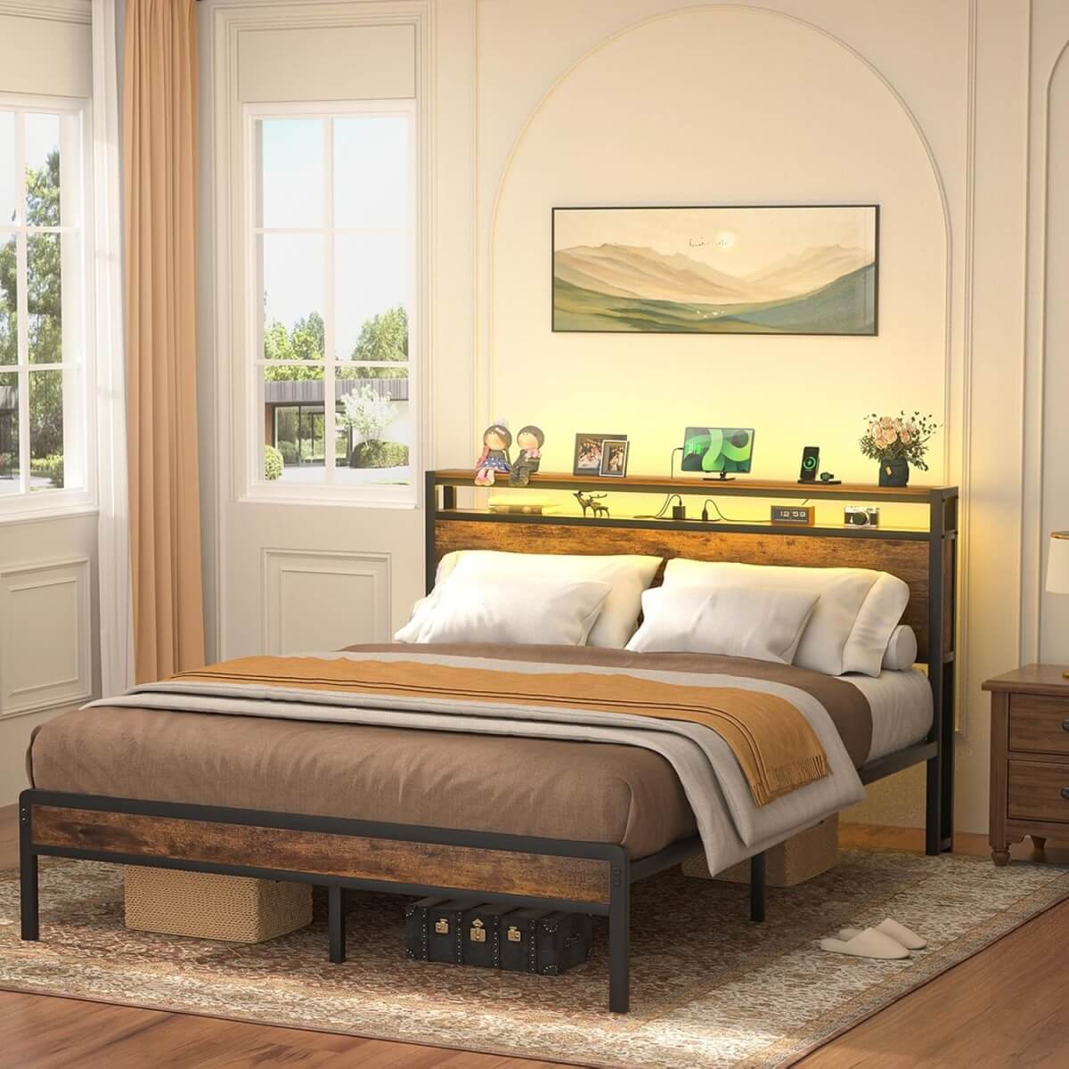 Queen Size Heavy Duty Metal Bed Frame with Headboard, Outlets, and LED Lights