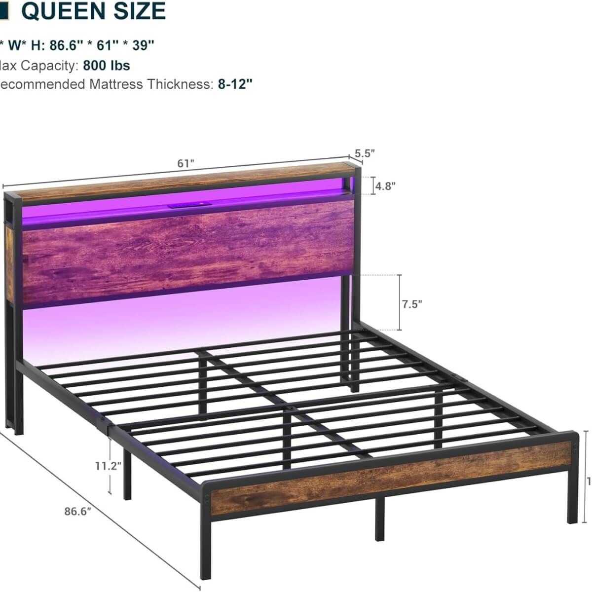 Queen Size Heavy Duty Metal Bed Frame with Headboard, Outlets, and LED Lights