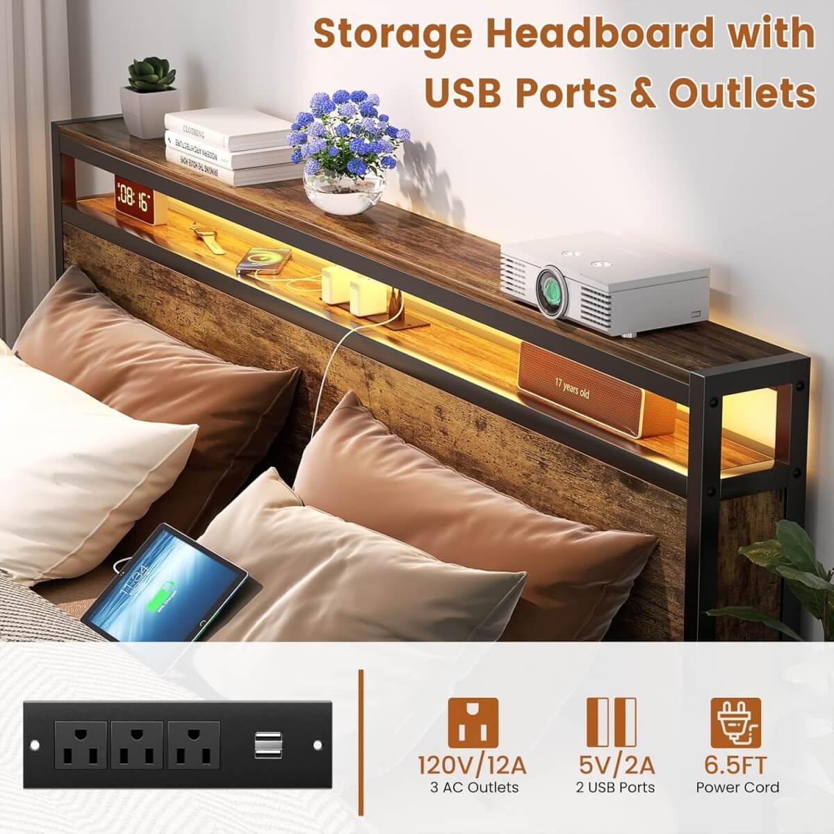 Queen Size Heavy Duty Metal Bed Frame with Headboard, Outlets, and LED Lights