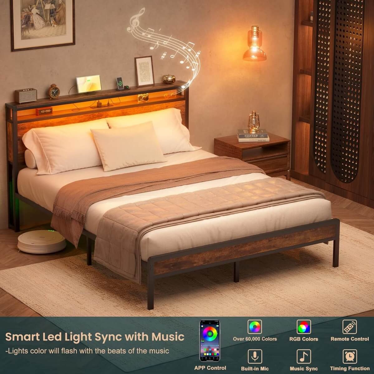 Queen Size Heavy Duty Metal Bed Frame with Headboard, Outlets, and LED Lights