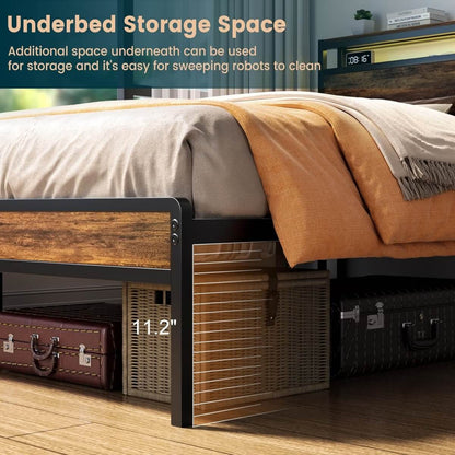 Queen Size Heavy Duty Metal Bed Frame with Headboard, Outlets, and LED Lights