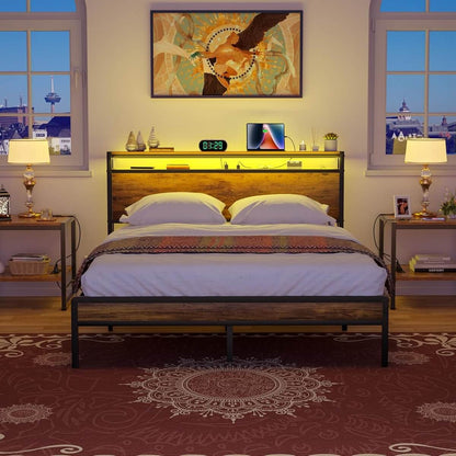 Queen Size Heavy Duty Metal Bed Frame with Headboard, Outlets, and LED Lights