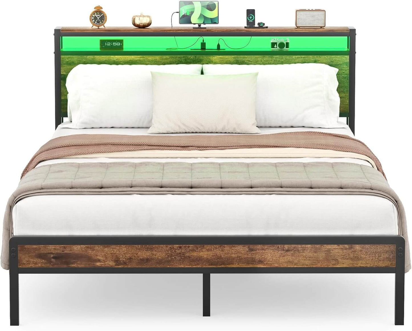 Queen Size Heavy Duty Metal Bed Frame with Headboard, Outlets, and LED Lights