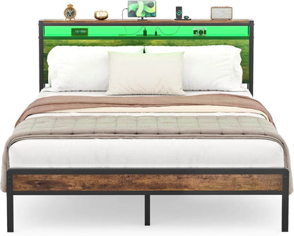 Queen Size Heavy Duty Metal Bed Frame with Headboard, Outlets, and LED Lights