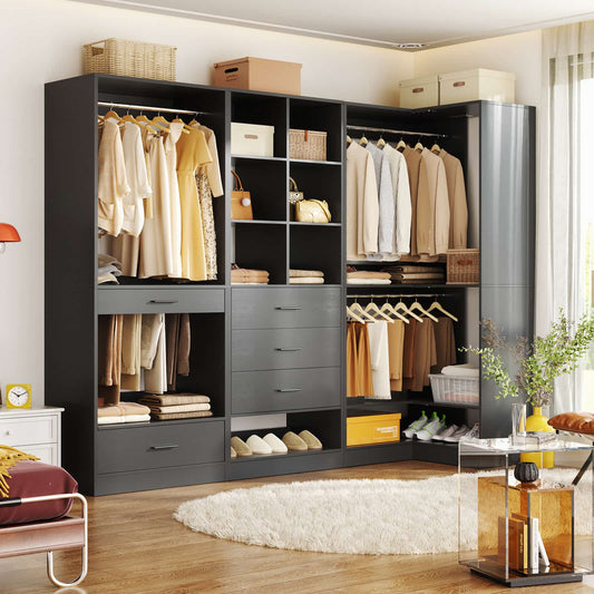 55" Closet Organizers and Storage System with 4 Drawers, 3 Rods & Corner Tower