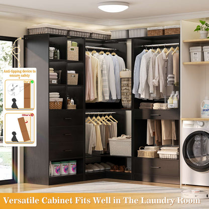 55" Closet Organizers and Storage System with 4 Drawers, 3 Rods & Corner Tower