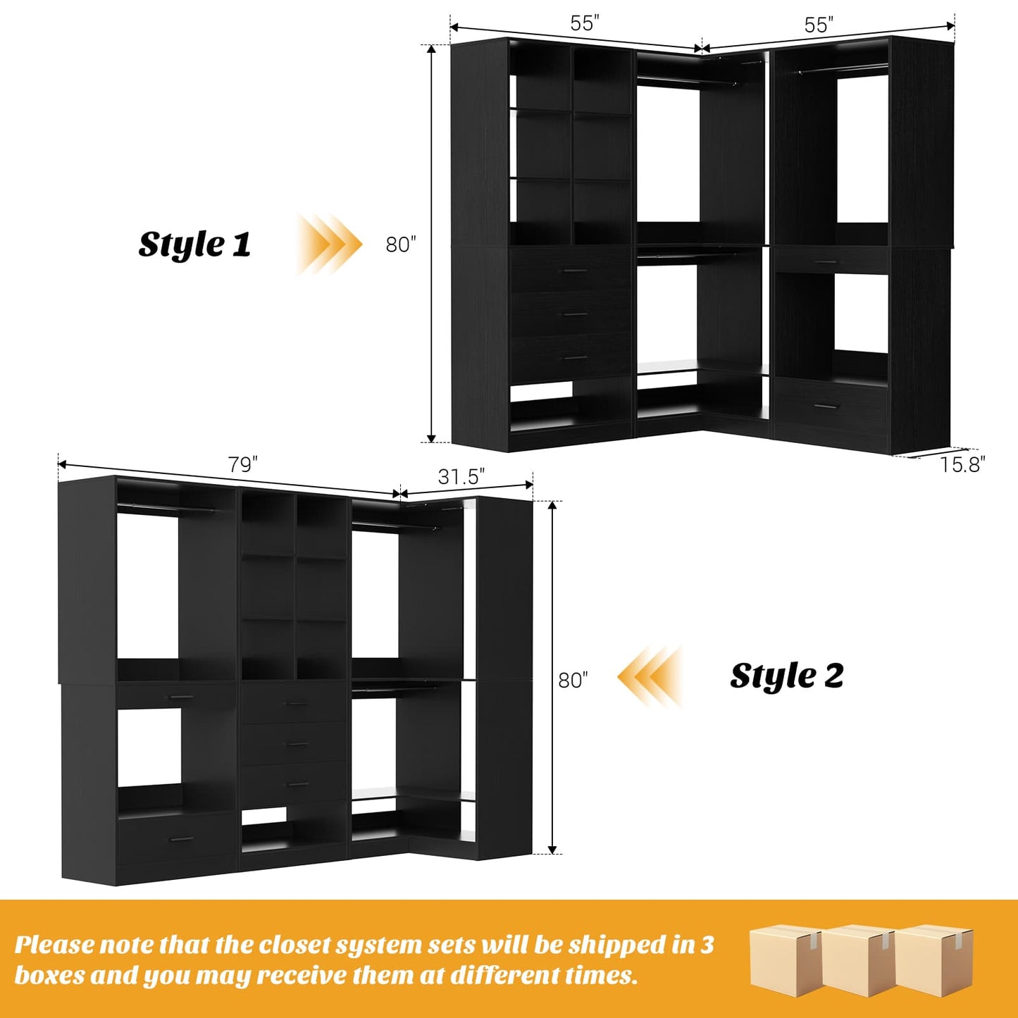 55" Closet Organizers and Storage System with 4 Drawers, 3 Rods & Corner Tower