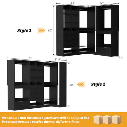 55" Closet Organizers and Storage System with 4 Drawers, 3 Rods & Corner Tower