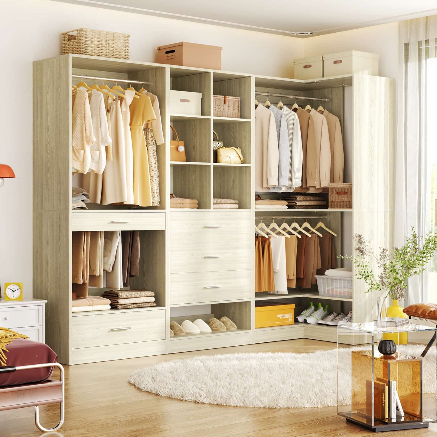 55" Closet Organizers and Storage System with 4 Drawers, 3 Rods & Corner Tower
