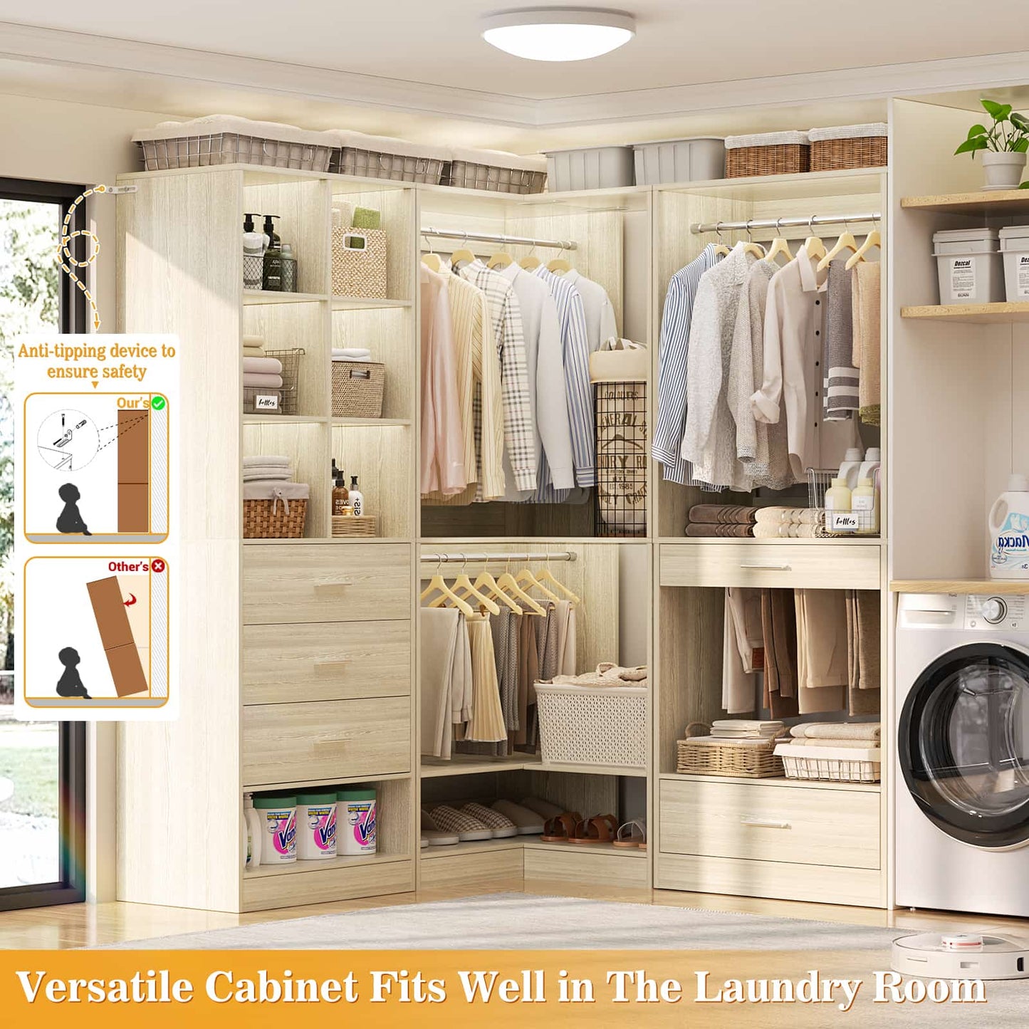 55" Closet Organizers and Storage System with 4 Drawers, 3 Rods & Corner Tower