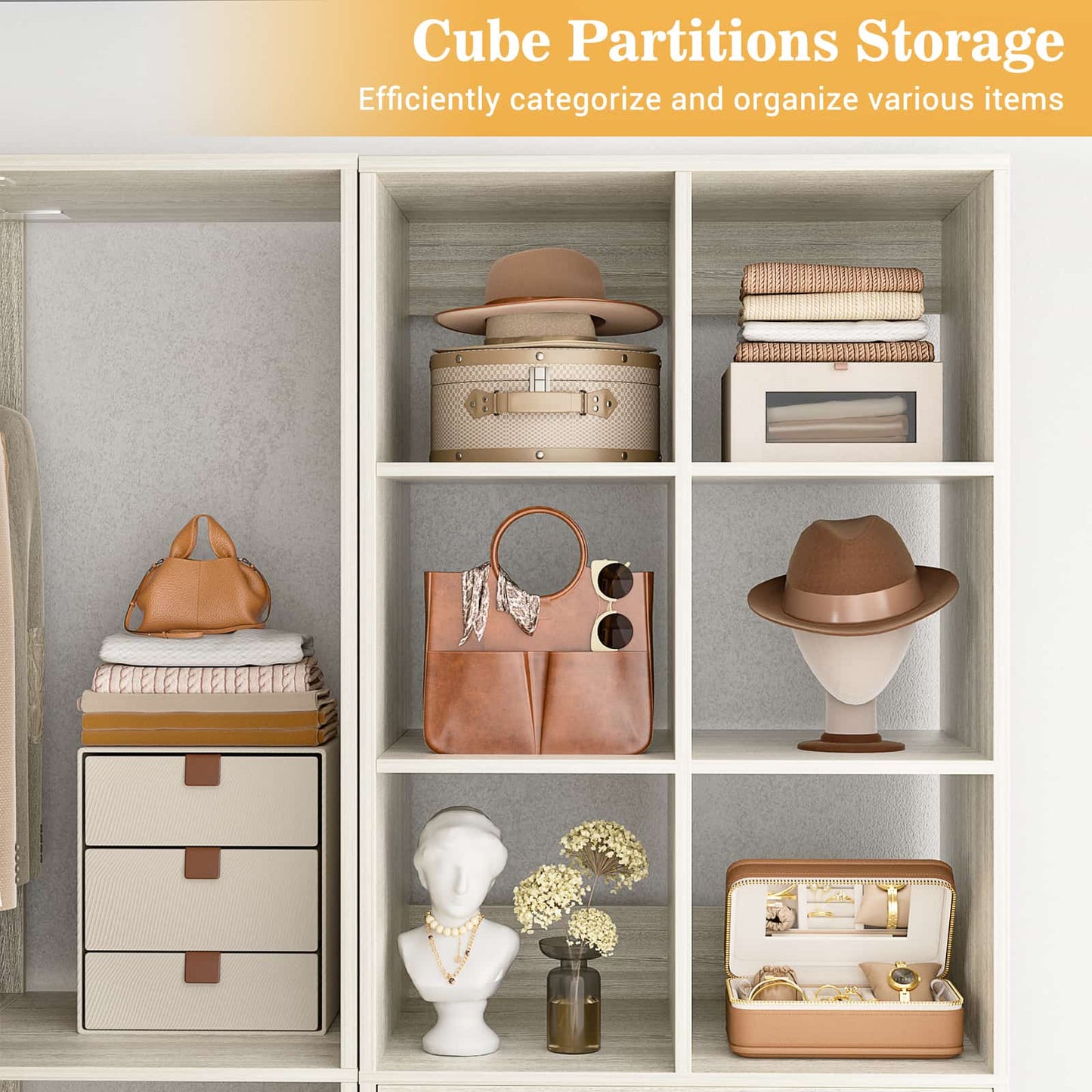 55" Closet Organizers and Storage System with 4 Drawers, 3 Rods & Corner Tower