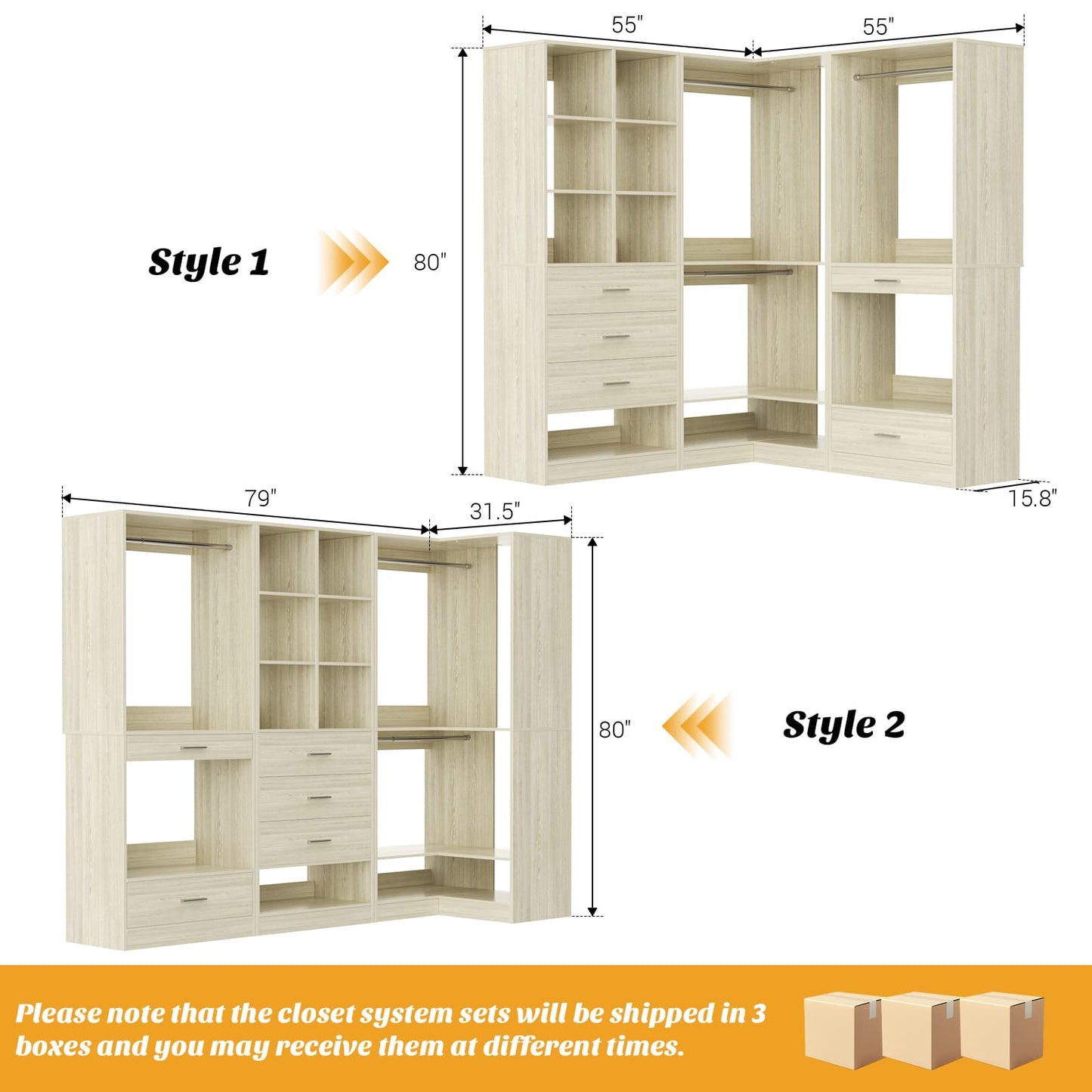 55" Closet Organizers and Storage System with 4 Drawers, 3 Rods & Corner Tower