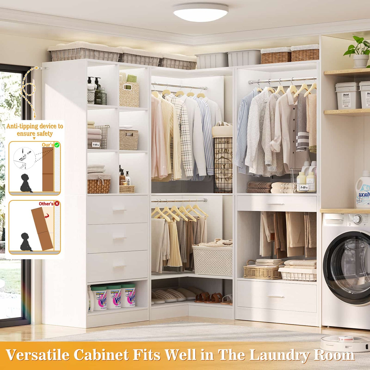 55" Closet Organizers and Storage System with 4 Drawers, 3 Rods & Corner Tower