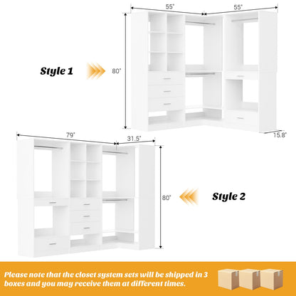 55" Closet Organizers and Storage System with 4 Drawers, 3 Rods & Corner Tower